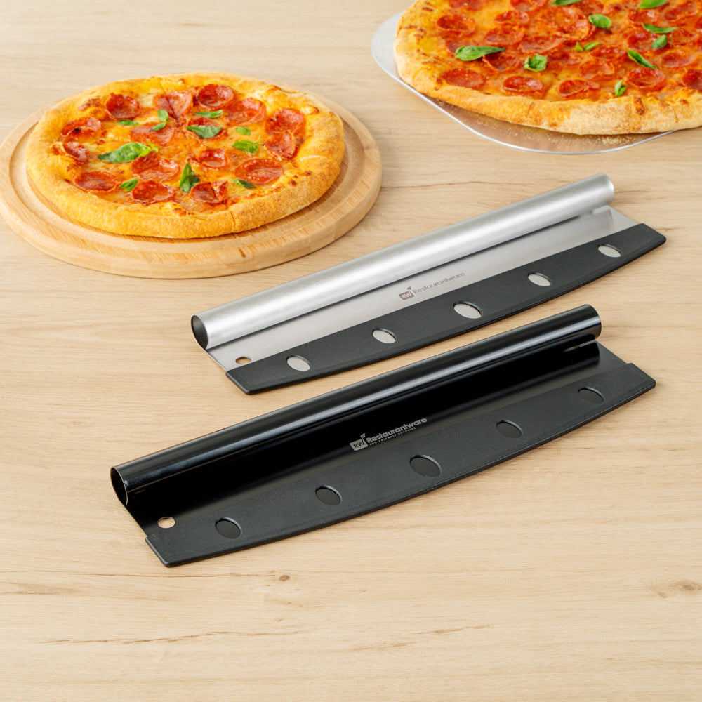 Met Lux Black Stainless Steel Pizza Cutter / Rocker - with Cover - 13 3/4" x 3 1/2" - 1 count box