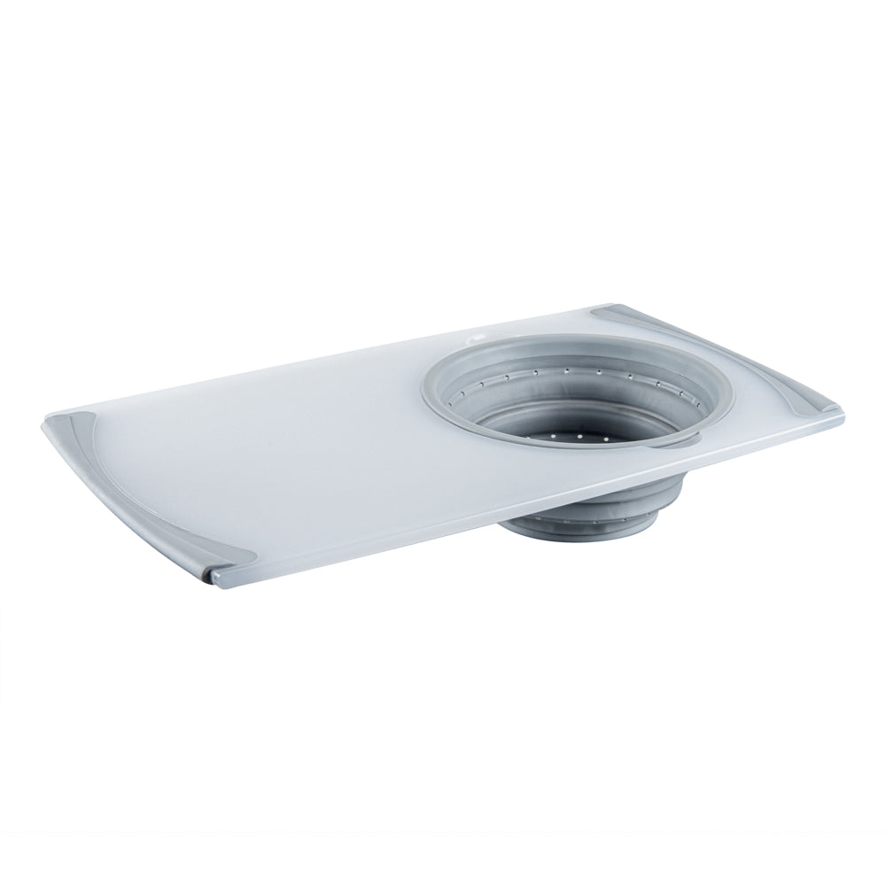 Chef 101 Gray Plastic Over the Sink Cutting Board - with Collapsible Strainer - 19 3/4" x 11 1/4" - 1 count box