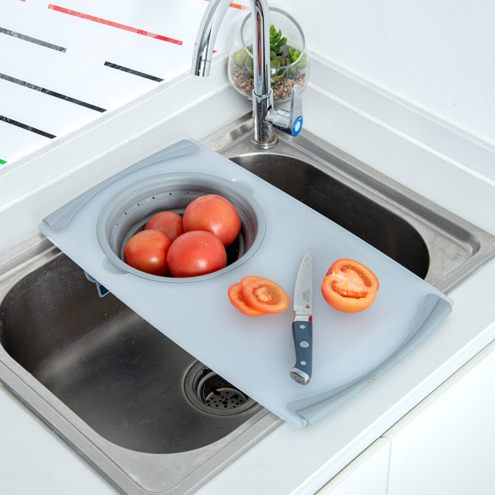Chef 101 Gray Plastic Over the Sink Cutting Board - with Collapsible Strainer - 19 3/4" x 11 1/4" - 1 count box