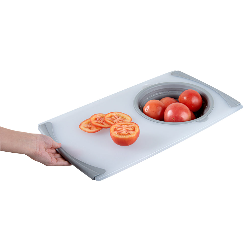 Chef 101 Gray Plastic Over the Sink Cutting Board - with Collapsible Strainer - 19 3/4" x 11 1/4" - 1 count box