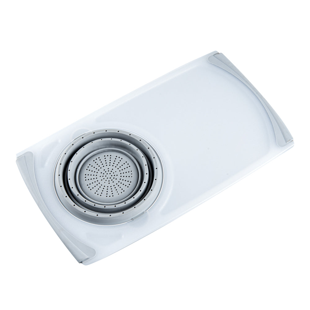 Chef 101 Gray Plastic Over the Sink Cutting Board - with Collapsible Strainer - 19 3/4" x 11 1/4" - 1 count box