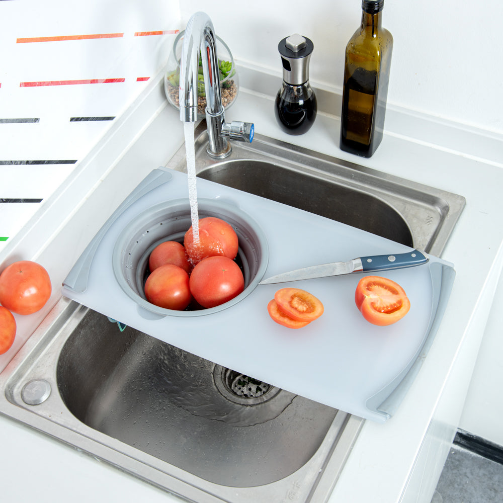 Chef 101 Gray Plastic Over the Sink Cutting Board - with Collapsible Strainer - 19 3/4" x 11 1/4" - 1 count box