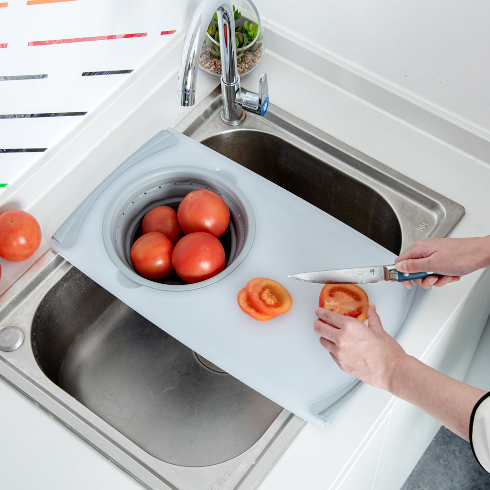 Chef 101 Gray Plastic Over the Sink Cutting Board - with Collapsible Strainer - 19 3/4" x 11 1/4" - 1 count box