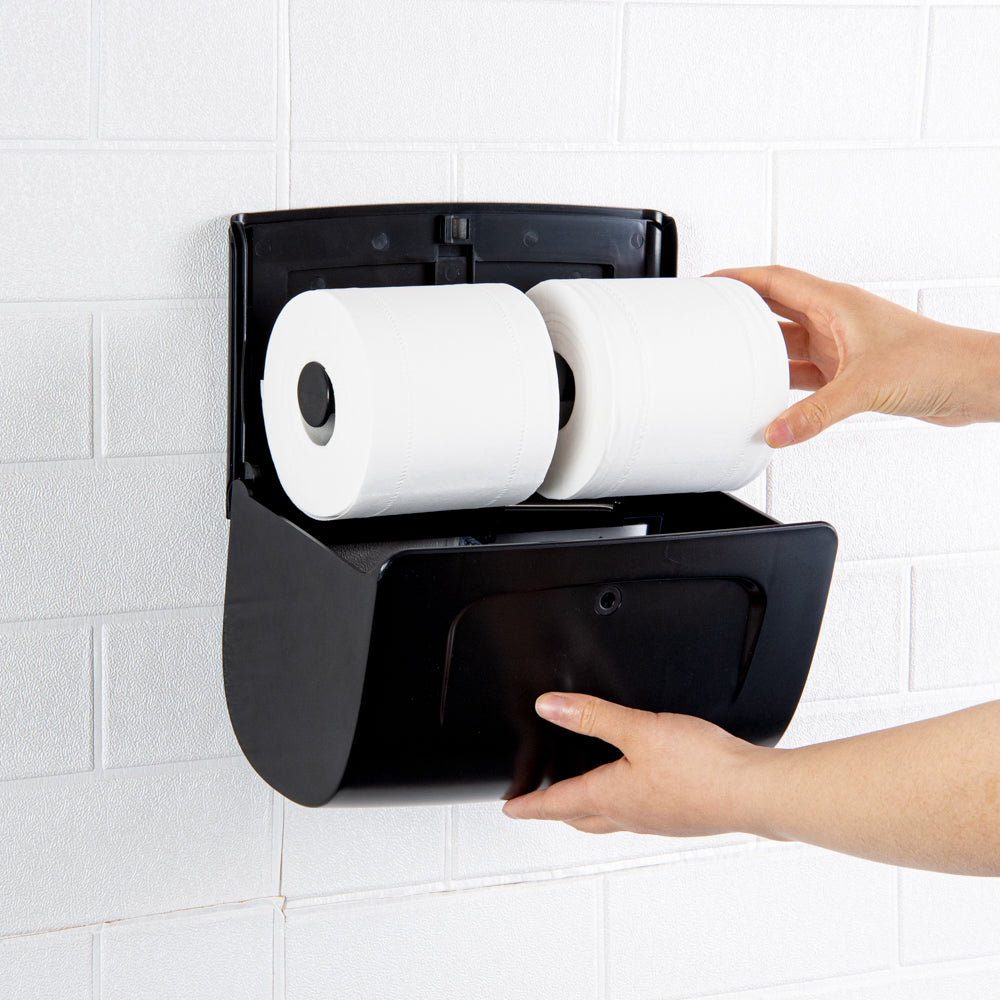 Clean Tek Professional Black Plastic Standard Toilet Paper Dispenser - Double Roll - 10 1/2" x 6 1/4" x 6 1/4" - 1 count box