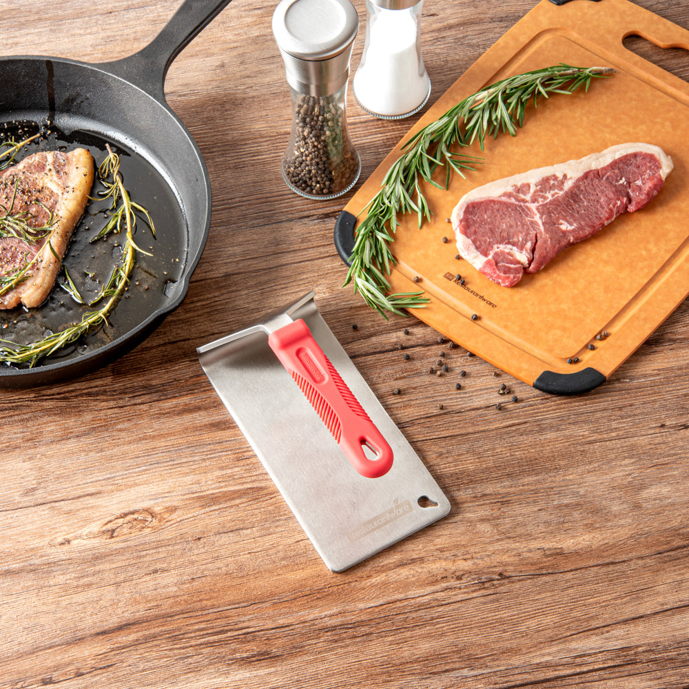 Met Lux Stainless Steel Steak Weight - with Silicone Handle - 8 1/2" x 4 1/4" - 1 count box