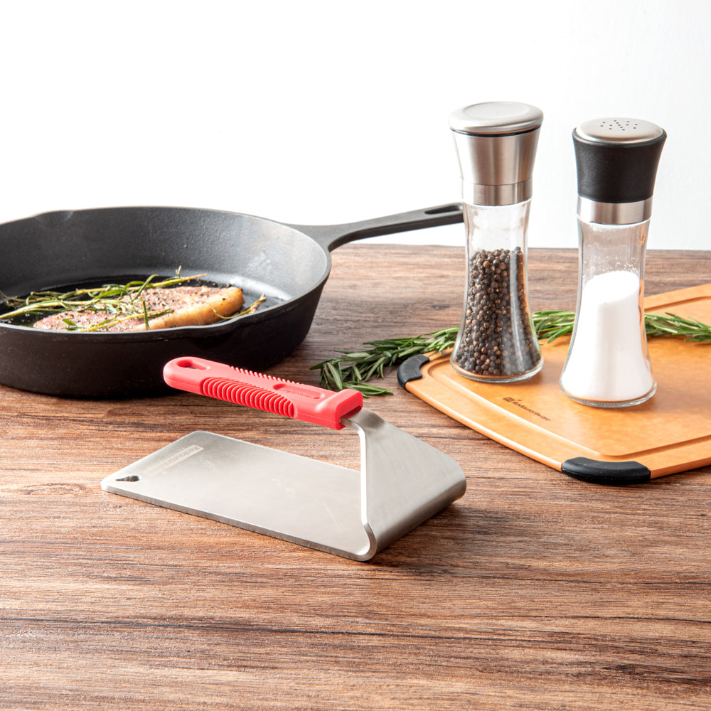 Met Lux Stainless Steel Steak Weight - with Silicone Handle - 8 1/2" x 4 1/4" - 1 count box