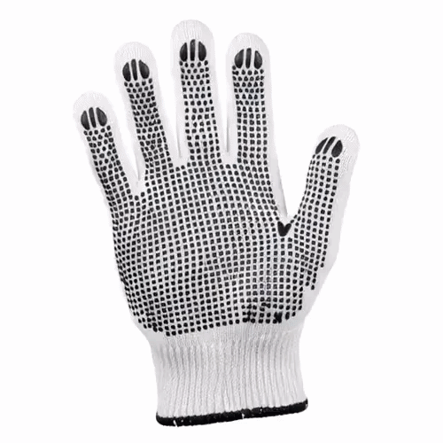 Chef 101 White Poly-Cotton Large Work Gloves - with Black PVC Dots - 10" x 6" - Pair - 6 count box
