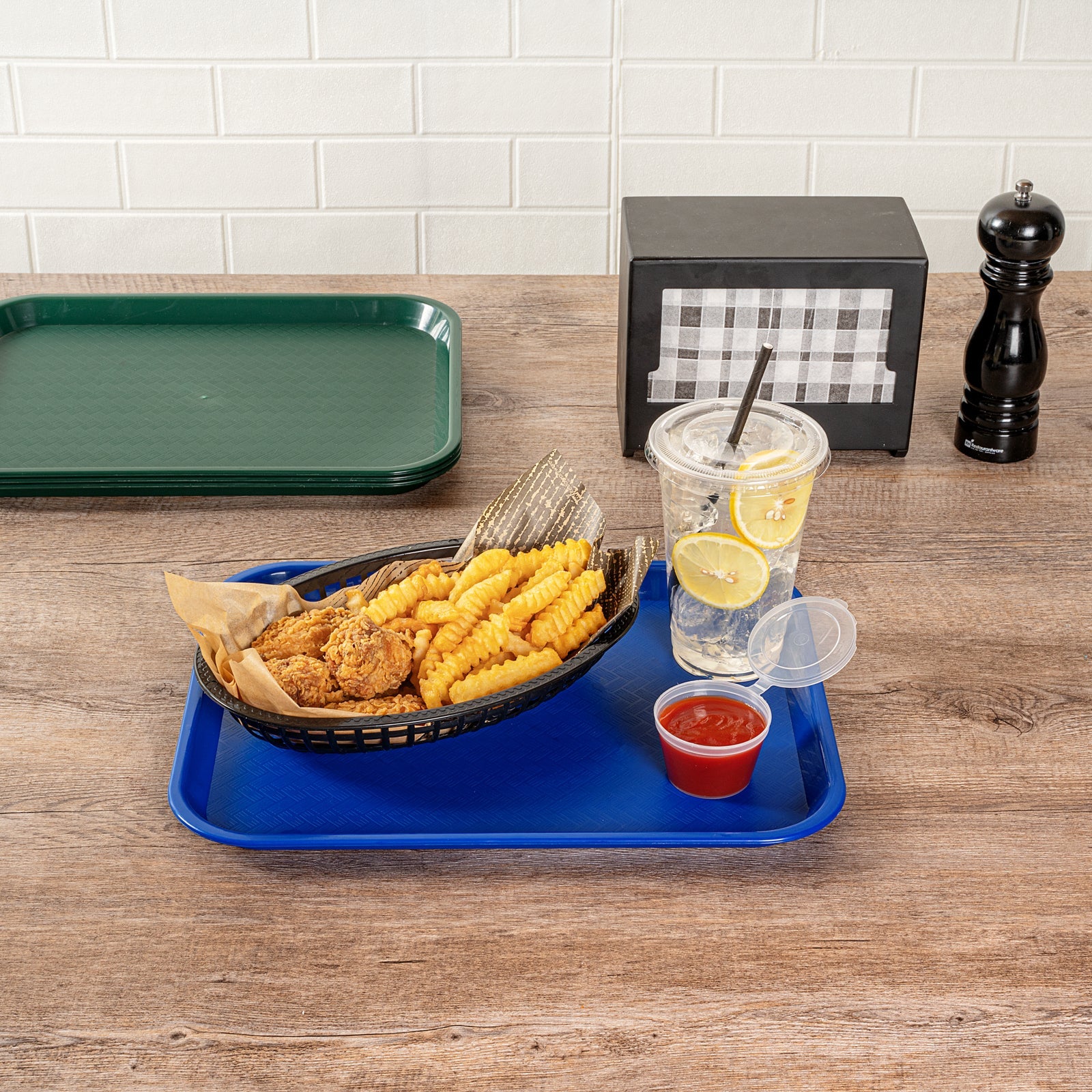 Chef 101 Rectangle Blue Plastic Fast Food Tray - 10" x 14" - 50 count box