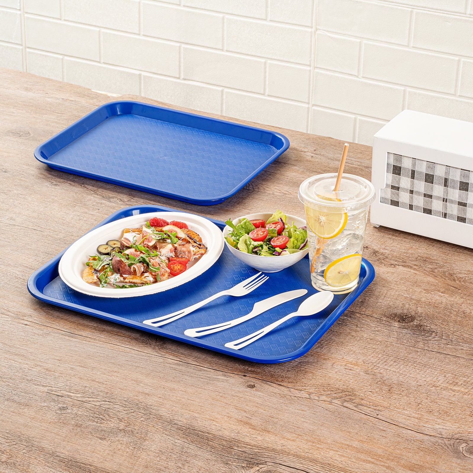 Chef 101 Rectangle Blue Plastic Fast Food Tray - 12" x 16" - 50 count box
