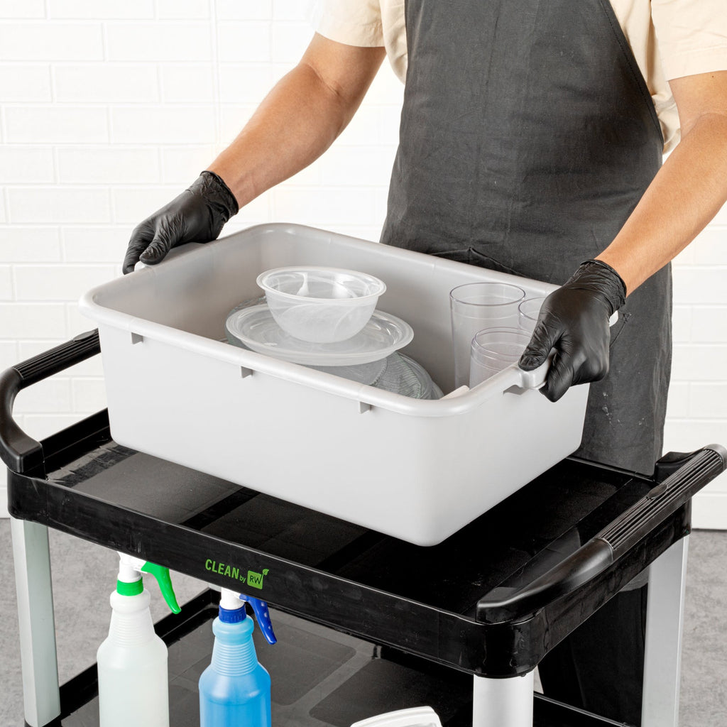 RW Clean Gray Plastic Bus Tub - Deep, Easy Grip - 20" x 15" x 7" - 10 count box