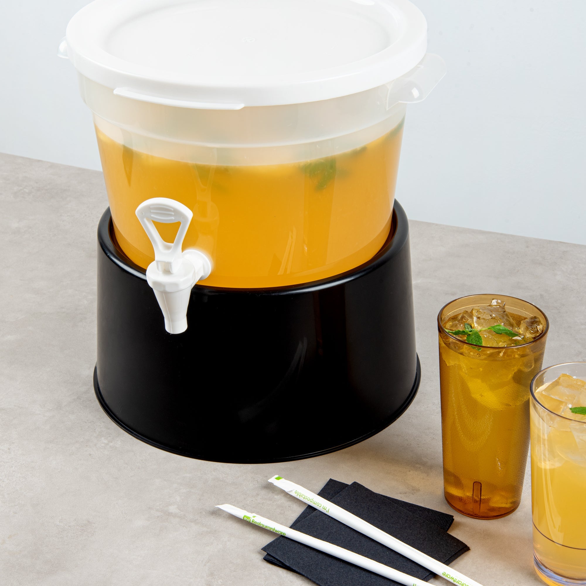Bev Tek Round Black Plastic Beverage Dispenser Base - For 3 and 6 gal Dispenser - 10 1/2" x 10 1/2" x 6 1/2" - 4 count box
