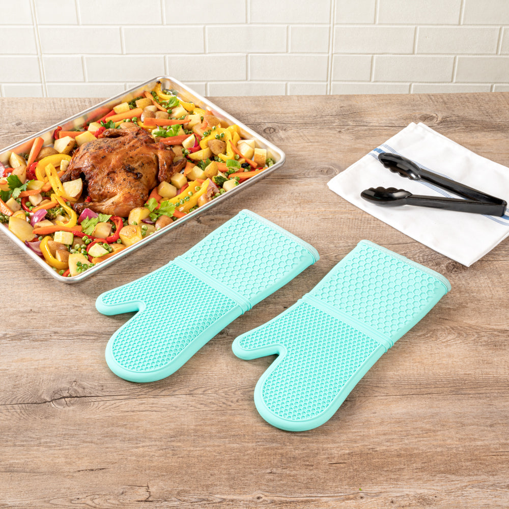 Comfy Grip Turquoise Silicone 2-Piece Oven Mitt Set - Heat-Resistant - 14" x 7 1/4" x 1 1/2" - 1 count box