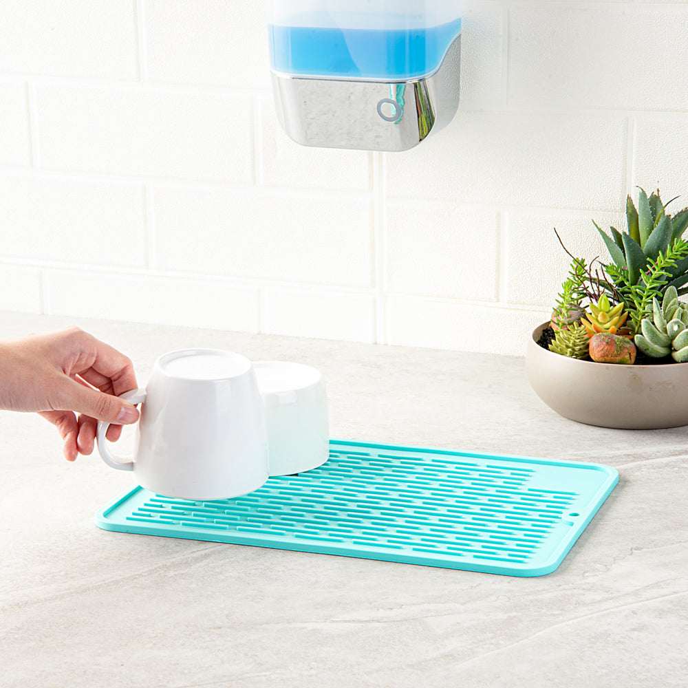 Comfy Grip Rectangle Turquoise Silicone Dish Drying Mat - 11 3/4" x 7 3/4" x 1/4" - 1 count box