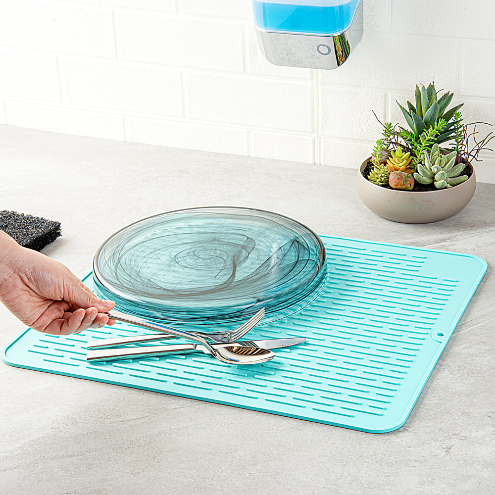 Comfy Grip Rectangle Turquoise Silicone Dish Drying Mat - 17 3/4" x 15 3/4" - 1 count box
