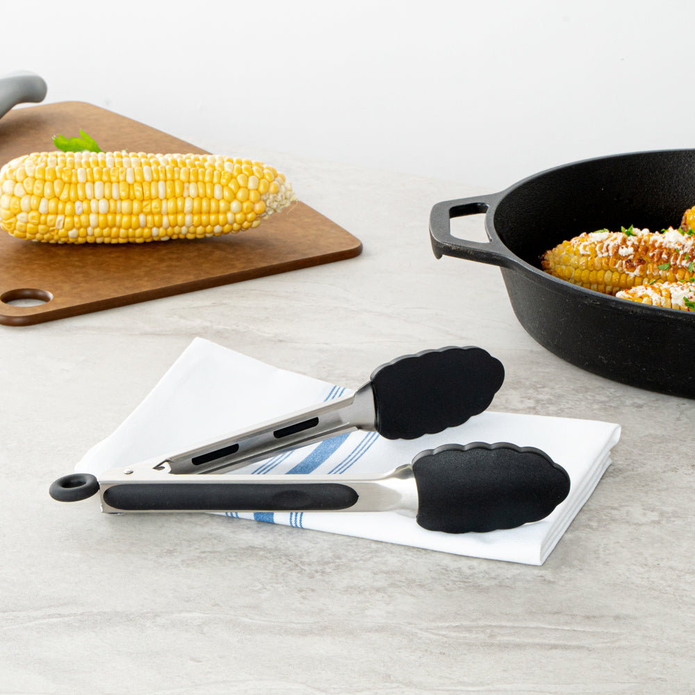 Met Lux Black Stainless Steel Kitchen Tong - Scalloped - 9" x 1 1/2" x 1" - 1 count box