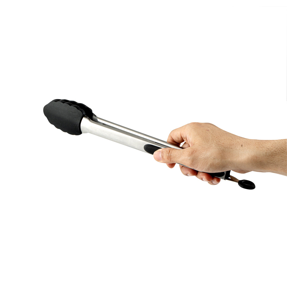 Met Lux Black Stainless Steel Kitchen Tong - Scalloped - 12" x 1 3/4" x 1" - 1 count box