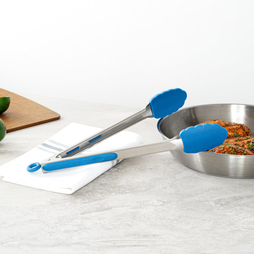 Met Lux Blue Stainless Steel Kitchen Tong - Scalloped - 12" x 1 3/4" x 1" - 1 count box