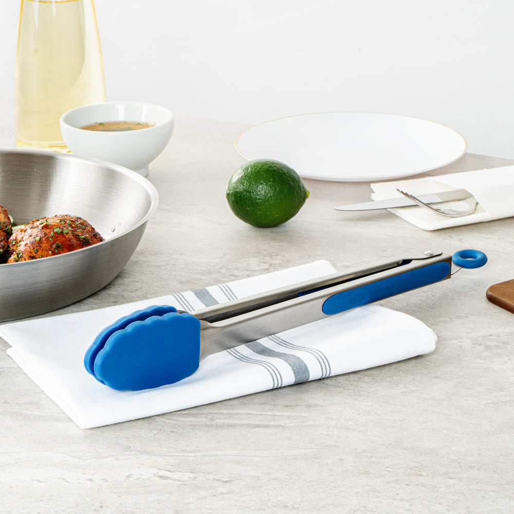 Met Lux Blue Stainless Steel Kitchen Tong - Scalloped - 12" x 1 3/4" x 1" - 1 count box