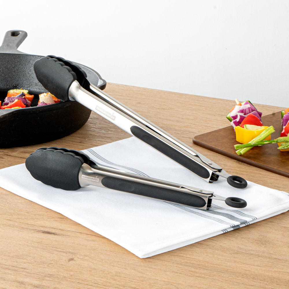 Met Lux Black Stainless Steel 2-Piece Kitchen Tong Set - Scalloped - 12" x 1 3/4" x 2" - 1 count box