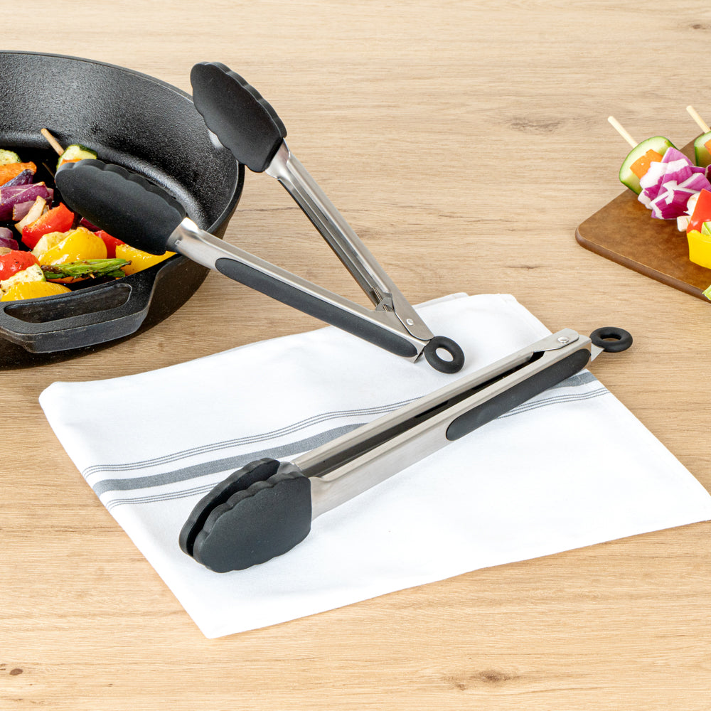 Met Lux Black Stainless Steel 2-Piece Kitchen Tong Set - Scalloped - 12" x 1 3/4" x 2" - 1 count box