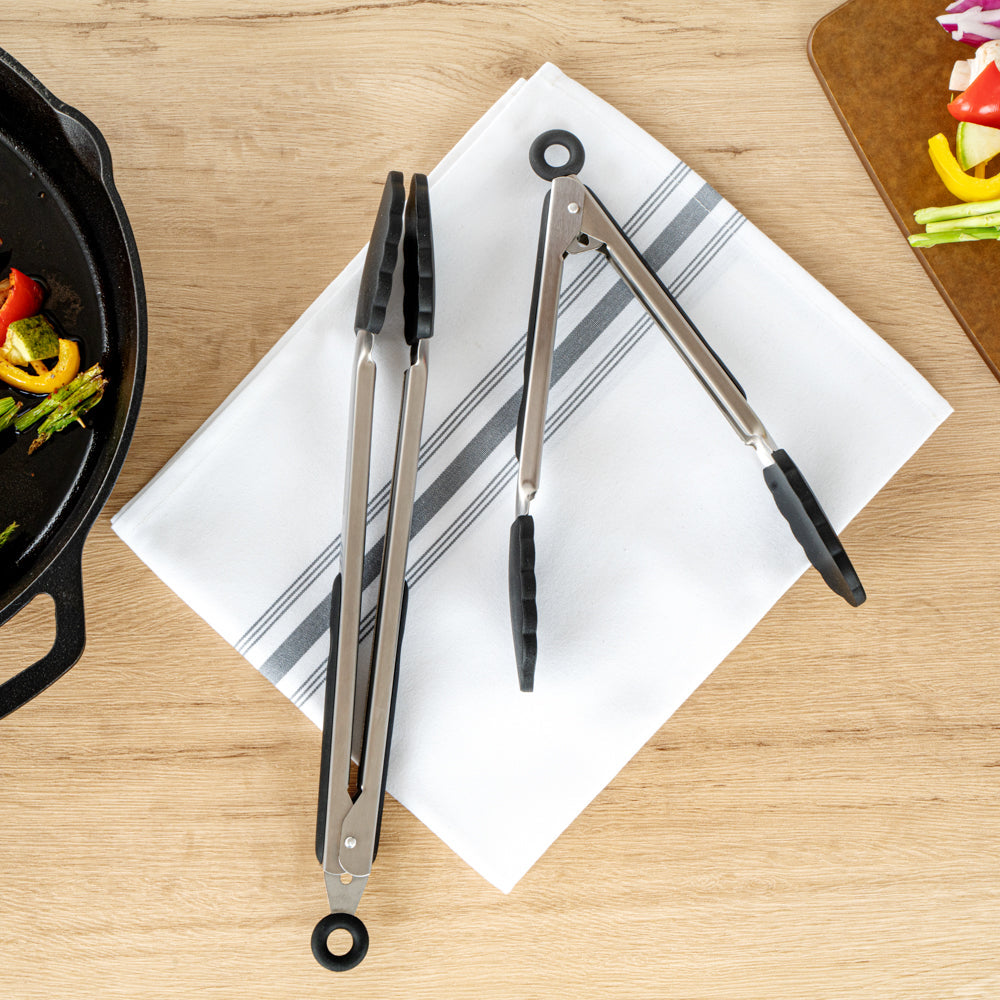 Met Lux Black Stainless Steel 2-Piece Kitchen Tong Set - Scalloped - 12" x 1 3/4" x 2" - 1 count box