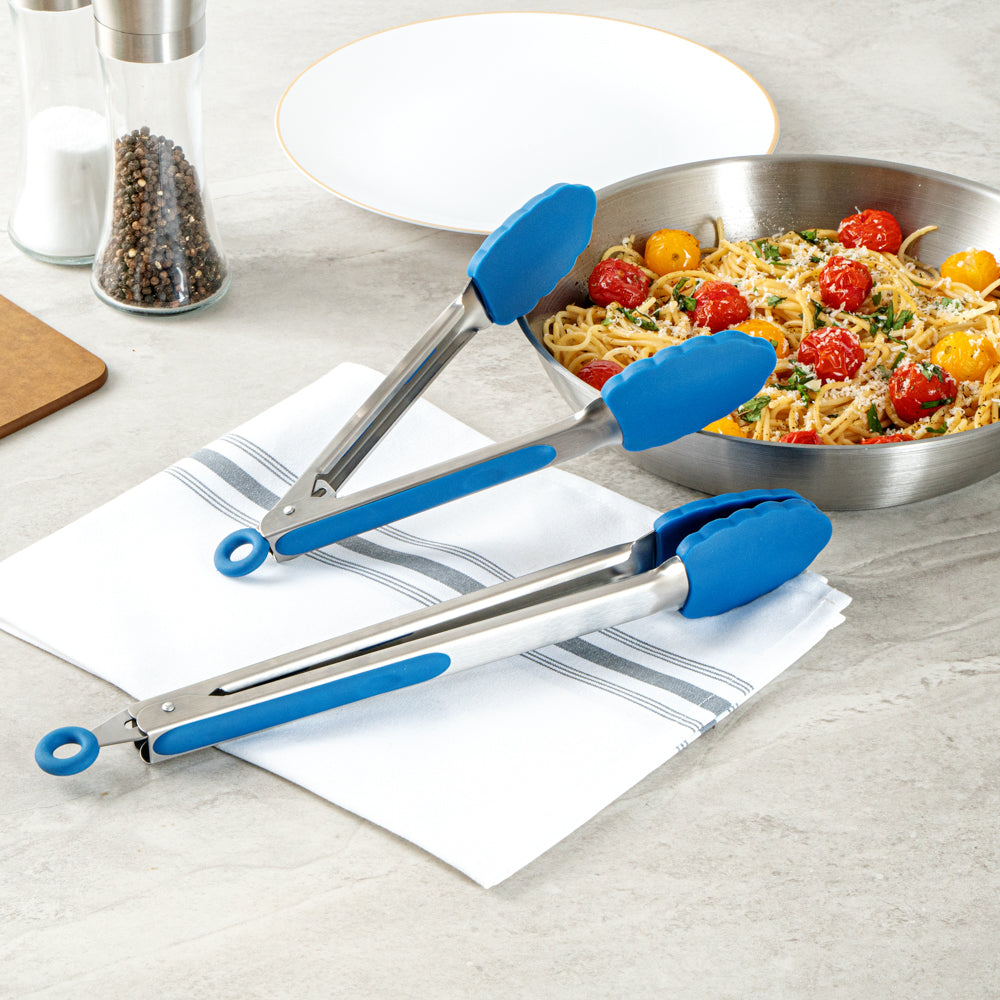 Met Lux Blue Stainless Steel 2-Piece Kitchen Tong Set - Scalloped - 12" x 1 3/4" x 2" - 1 count box