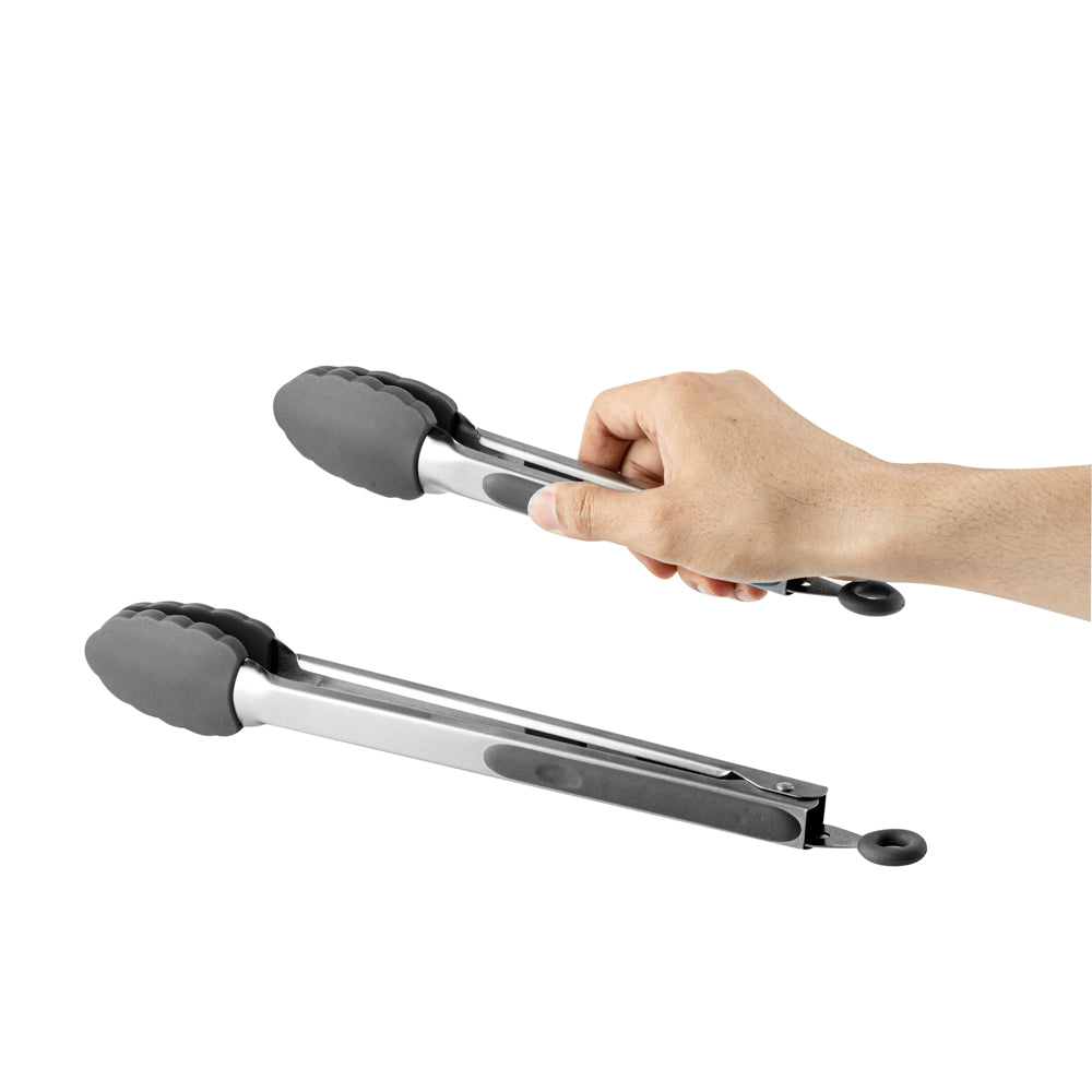 Met Lux Gray Stainless Steel 2-Piece Kitchen Tong Set - Scalloped - 12" x 1 3/4" x 2" - 1 count box