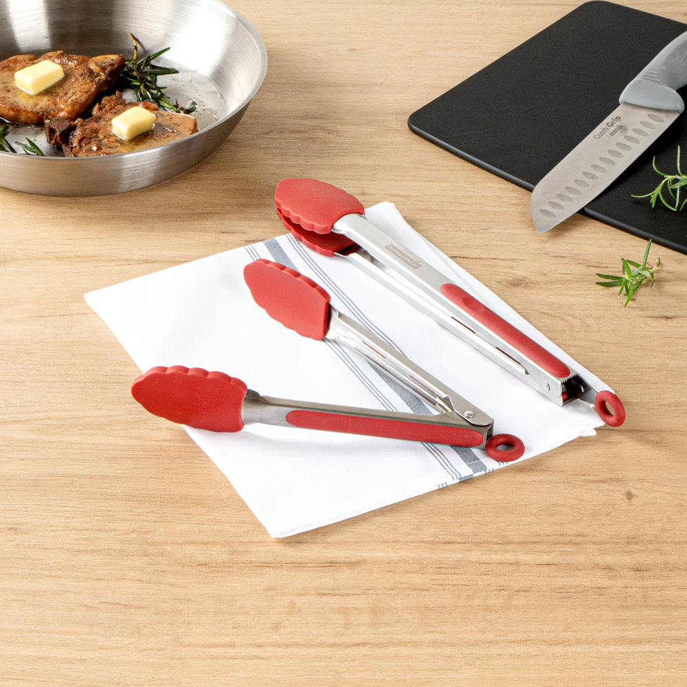 Met Lux Red Stainless Steel 2-Piece Kitchen Tong Set - Scalloped - 12" x 1 3/4" x 2" - 1 count box