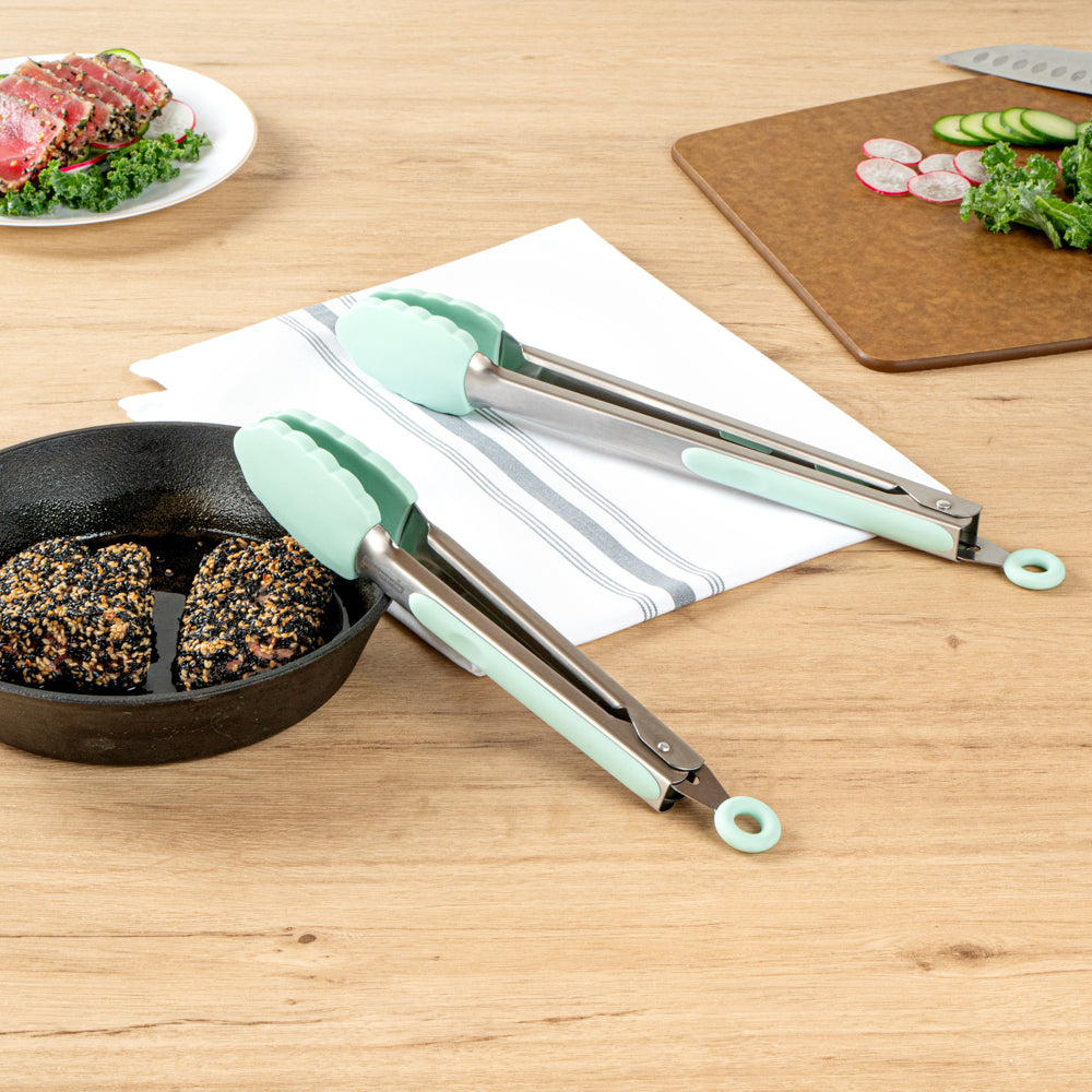 Met Lux Teal Stainless Steel 2-Piece Kitchen Tong Set - Scalloped - 12" x 1 3/4" x 2" - 1 count box