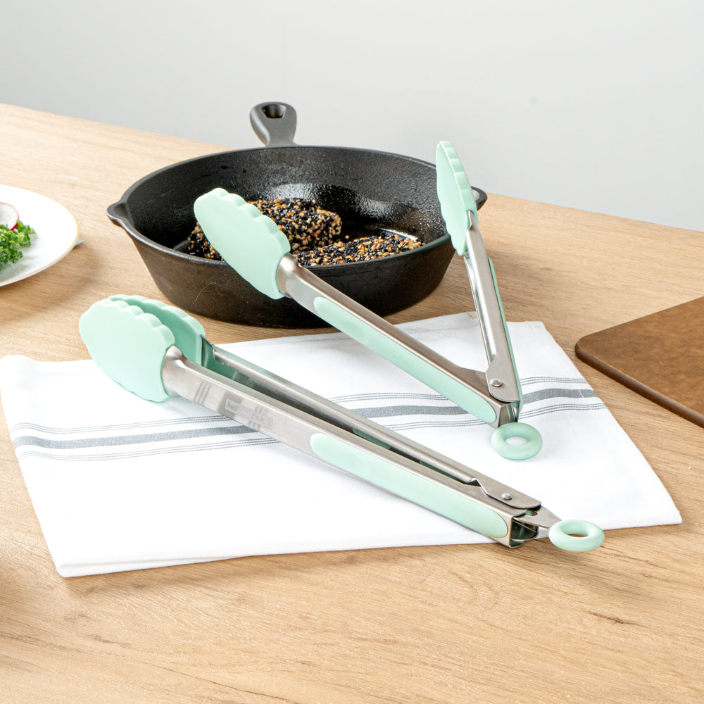 Met Lux Teal Stainless Steel 2-Piece Kitchen Tong Set - Scalloped - 12" x 1 3/4" x 2" - 1 count box