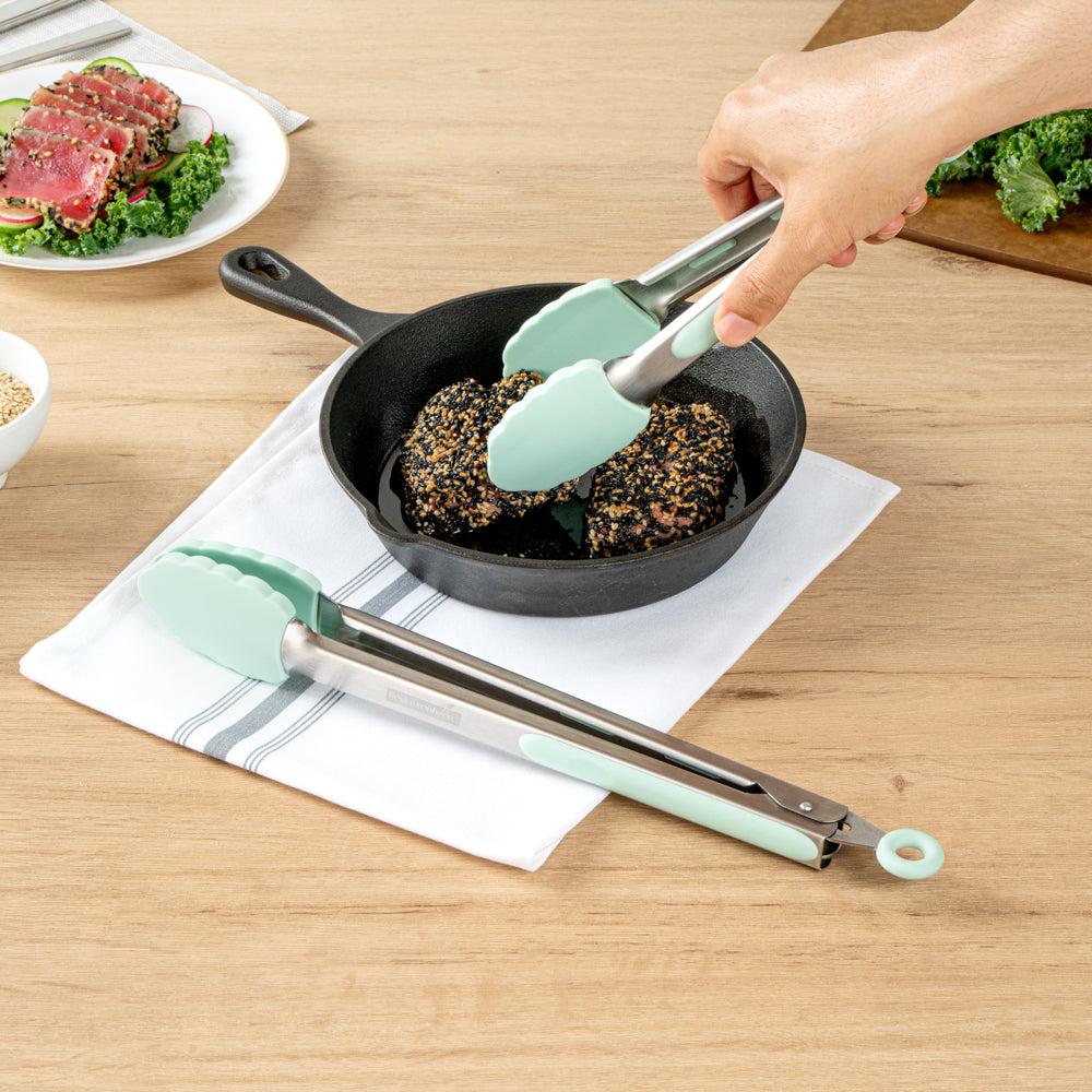 Met Lux Teal Stainless Steel 2-Piece Kitchen Tong Set - Scalloped - 12" x 1 3/4" x 2" - 1 count box