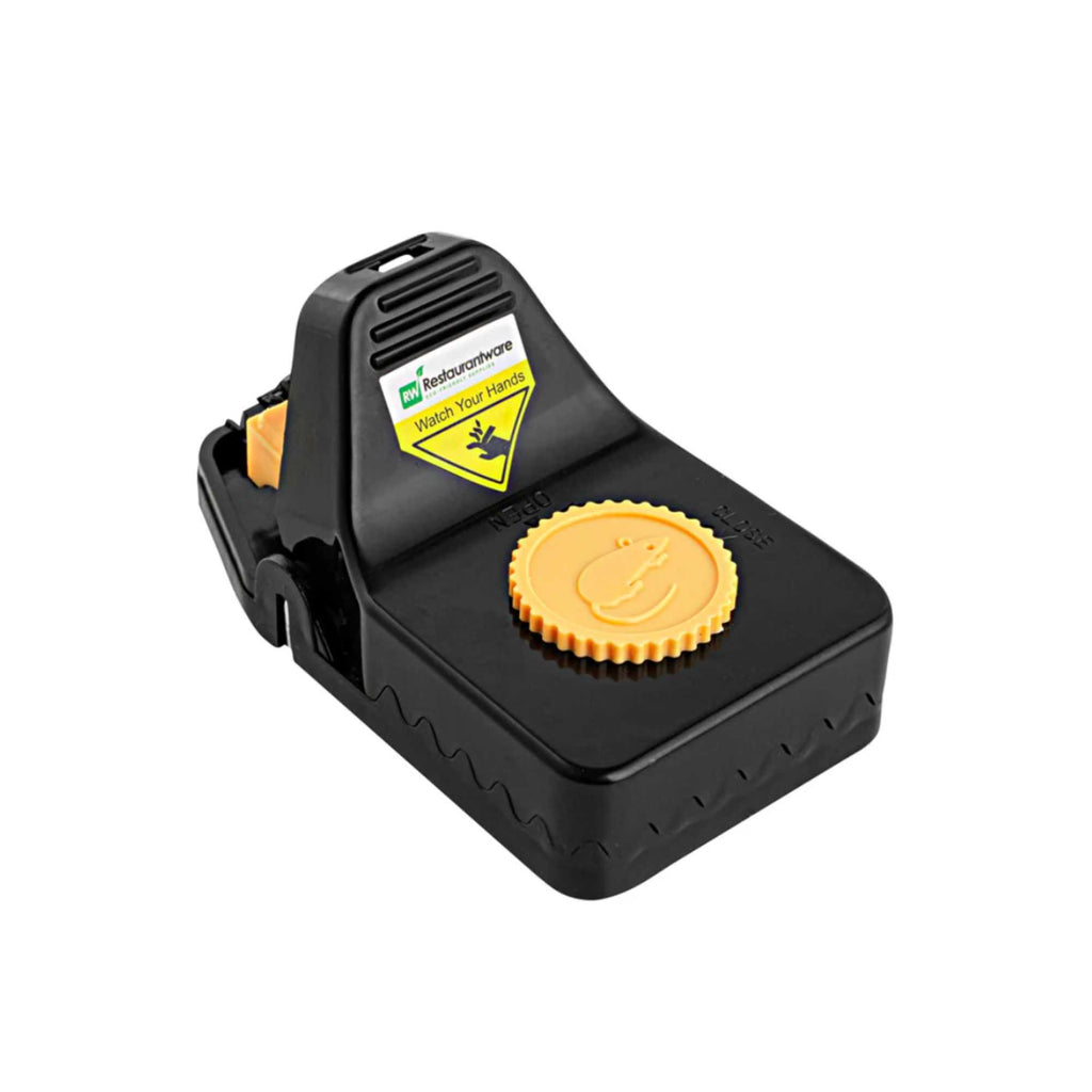 Pest Tek Black Plastic Mouse Trap - Interlocking Teeth, Bait Cap, Reusable - 6" x 3" x 2 3/4" - 6 count box