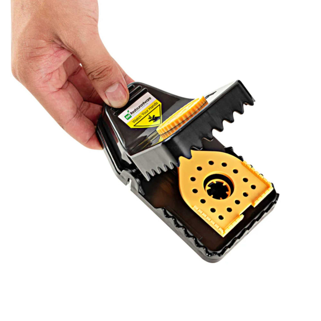 Pest Tek Black Plastic Mouse Trap - Interlocking Teeth, Bait Cap, Reusable - 6" x 3" x 2 3/4" - 6 count box
