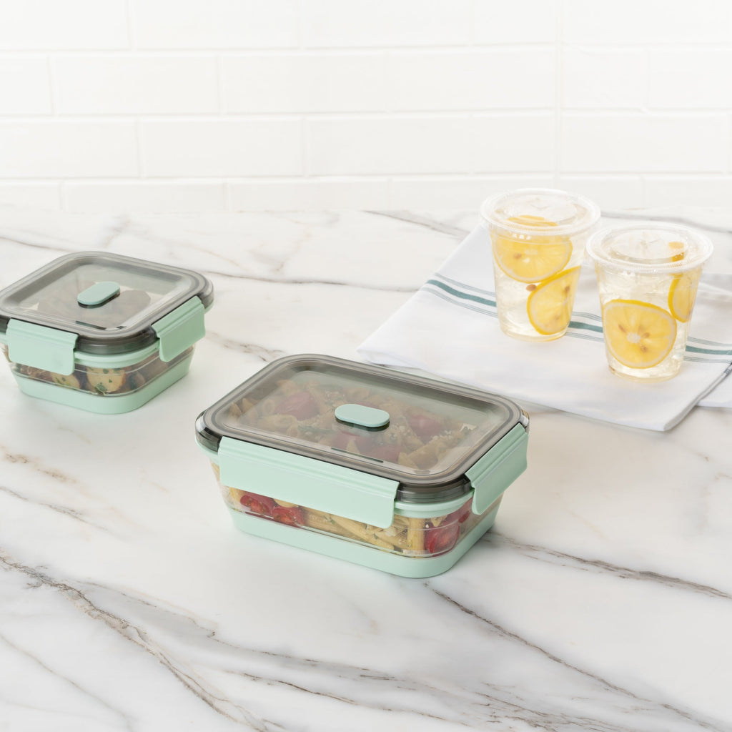 Fresh Hero 40 oz Green Plastic Airtight Food Storage Container - with Vented Lid, Collapsible - 8 1/4" x 6" x 3" - 20 count box