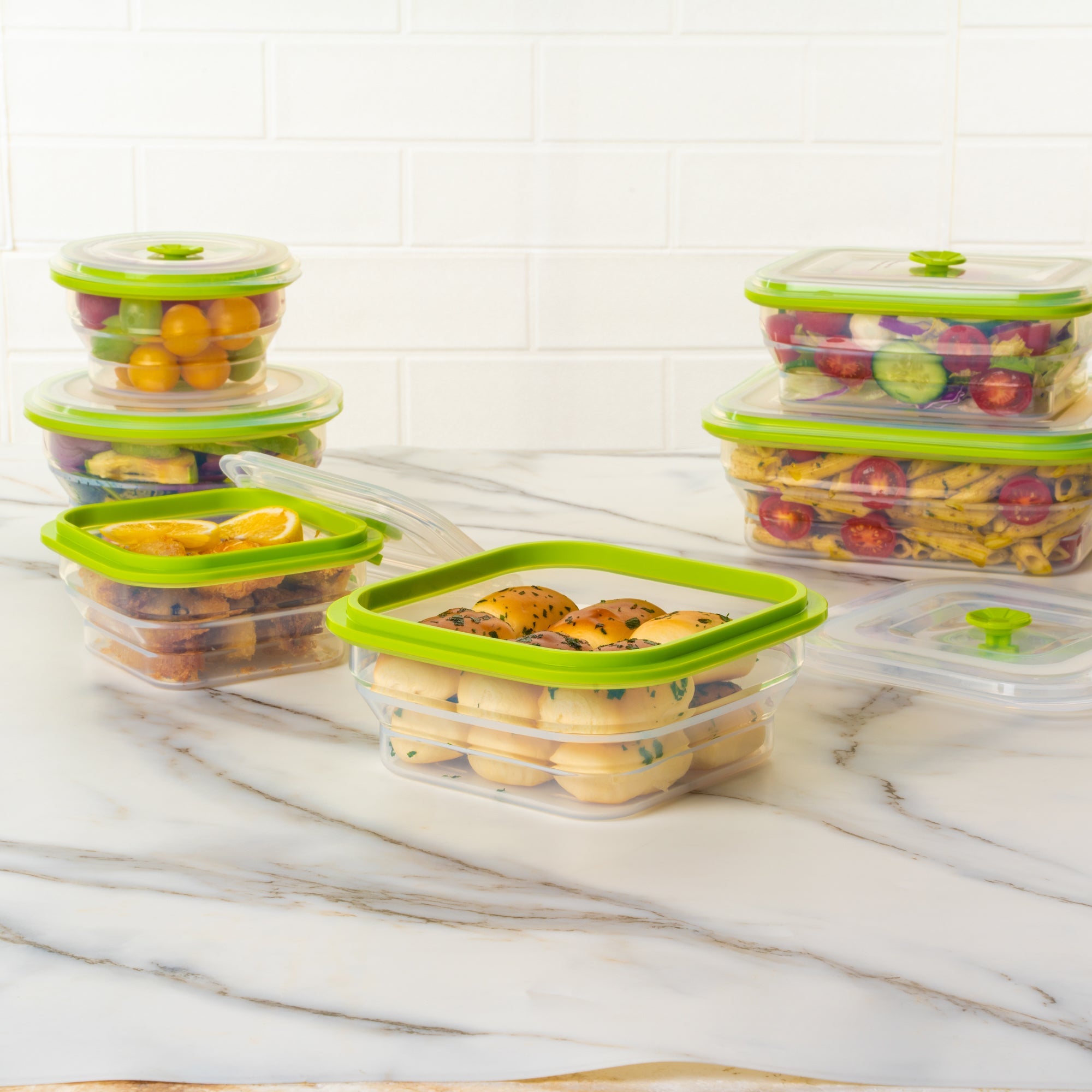 Fresh Hero 37 oz Green Silicone Airtight Food Storage Container - with Vented Lid, Collapsible - 7" x 7" x 3" - 20 count box