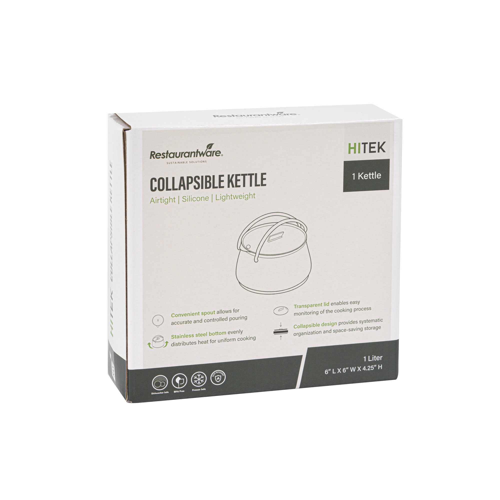 Hi Tek 1L Green Silicone Collapsible Kettle - with Lid - 6" x 6" x 4 1/4" - 20 count box