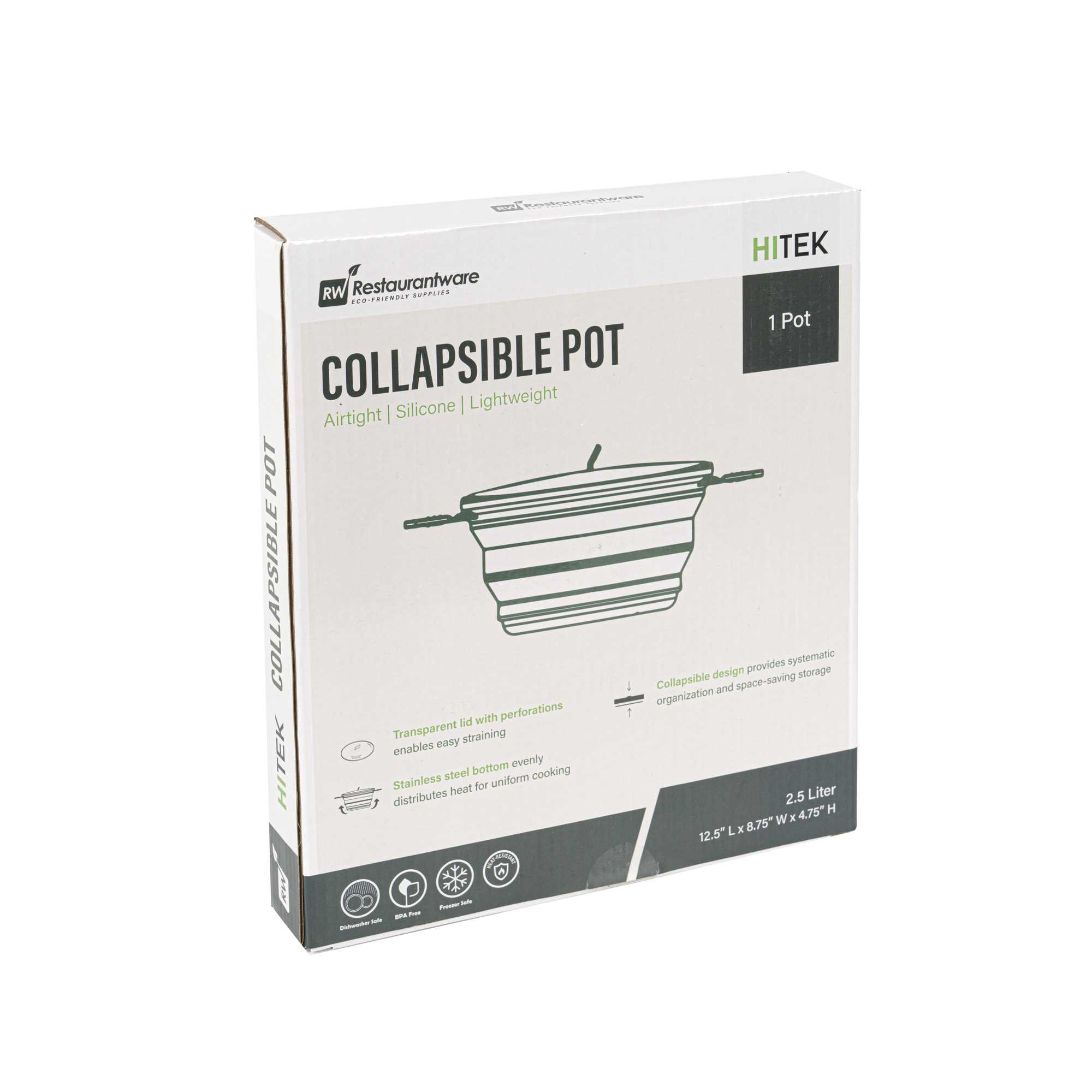 Hi Tek 2.5L Green Silicone Collapsible Pot - with Lid - 12 1/2" x 8 3/4" x 4 3/4" - 20 count box