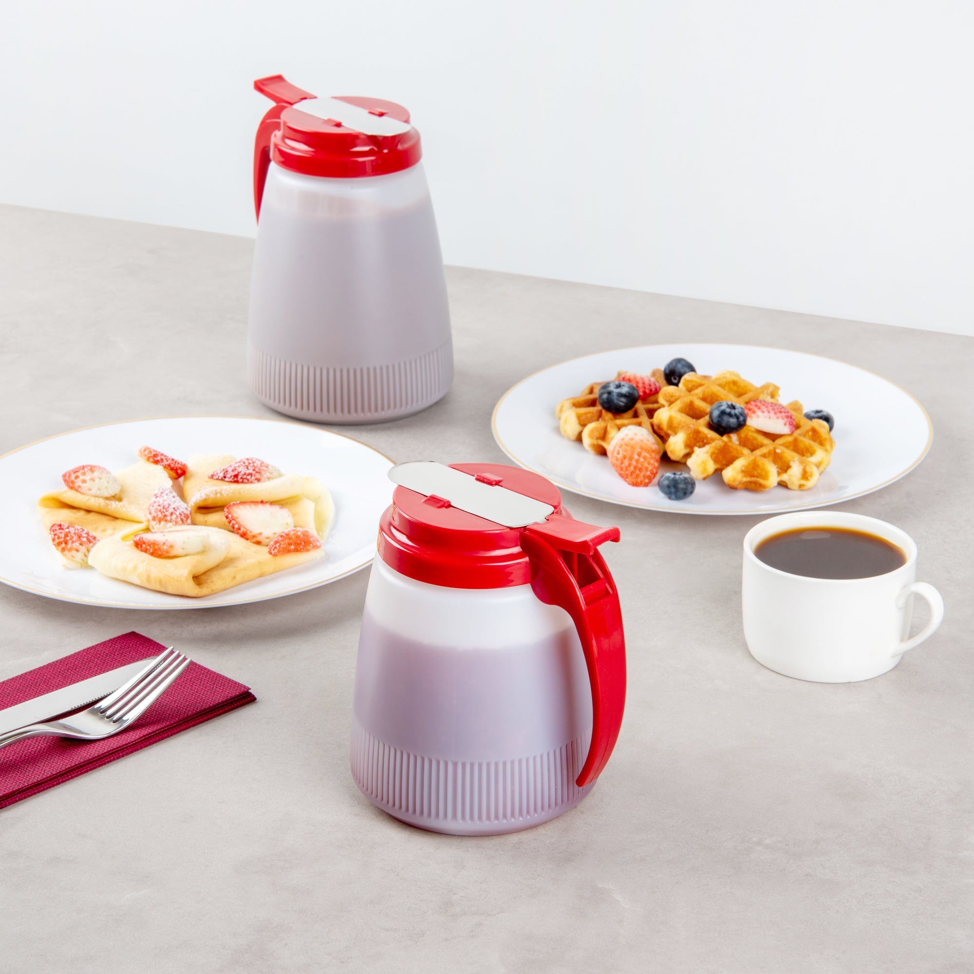 Chef 101 32 oz Red Plastic All Purpose / Syrup Dispenser - 5 1/2" x 4 1/2" x 5 3/4" - 1 count box
