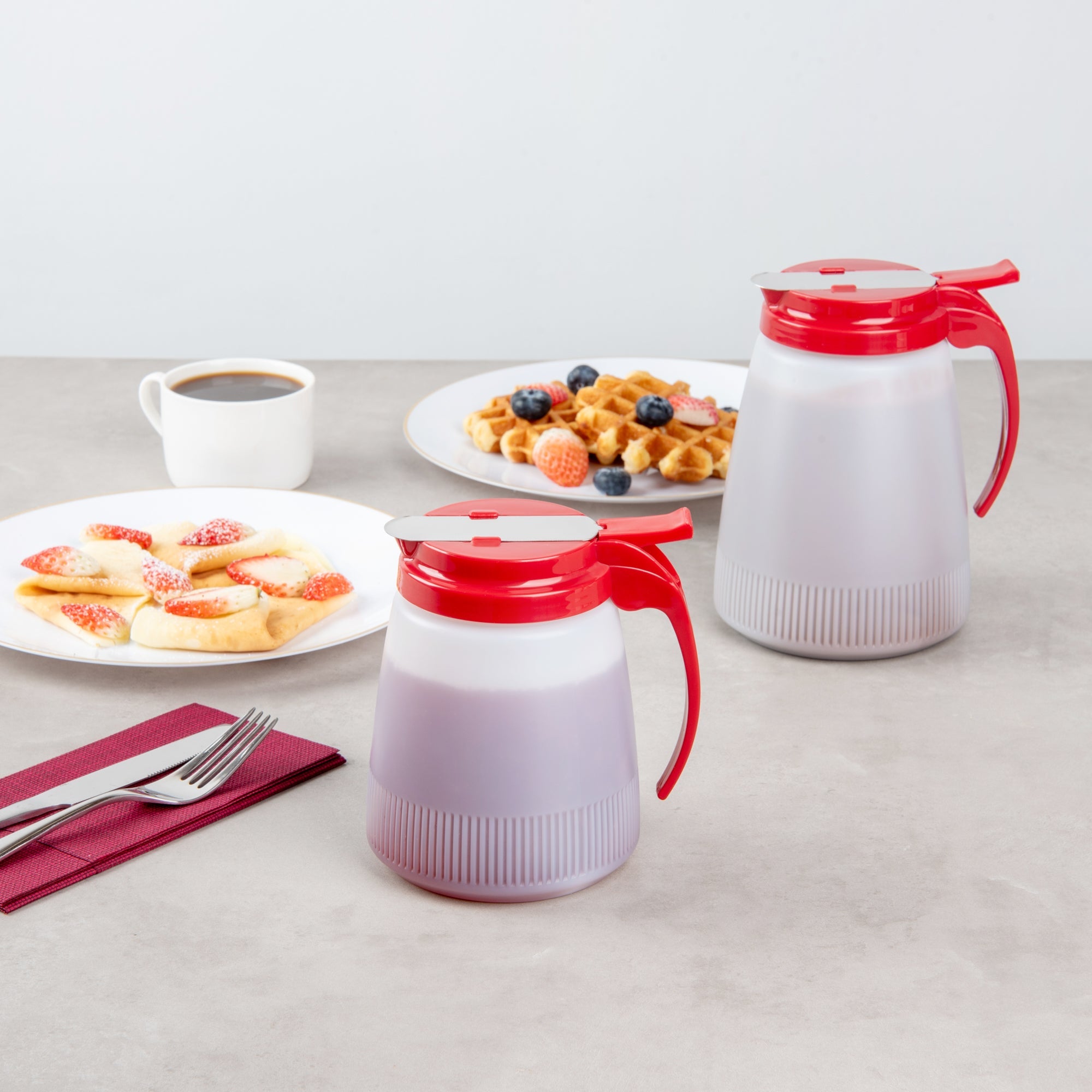Chef 101 32 oz Red Plastic All Purpose / Syrup Dispenser - 5 1/2" x 4 1/2" x 5 3/4" - 10 count box