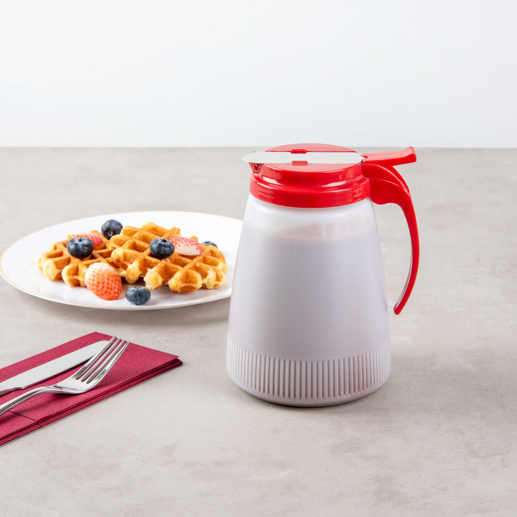 Chef 101 48 oz Red Plastic All Purpose / Syrup Dispenser - 5 3/4" x 5" x 6 3/4" - 1 count box