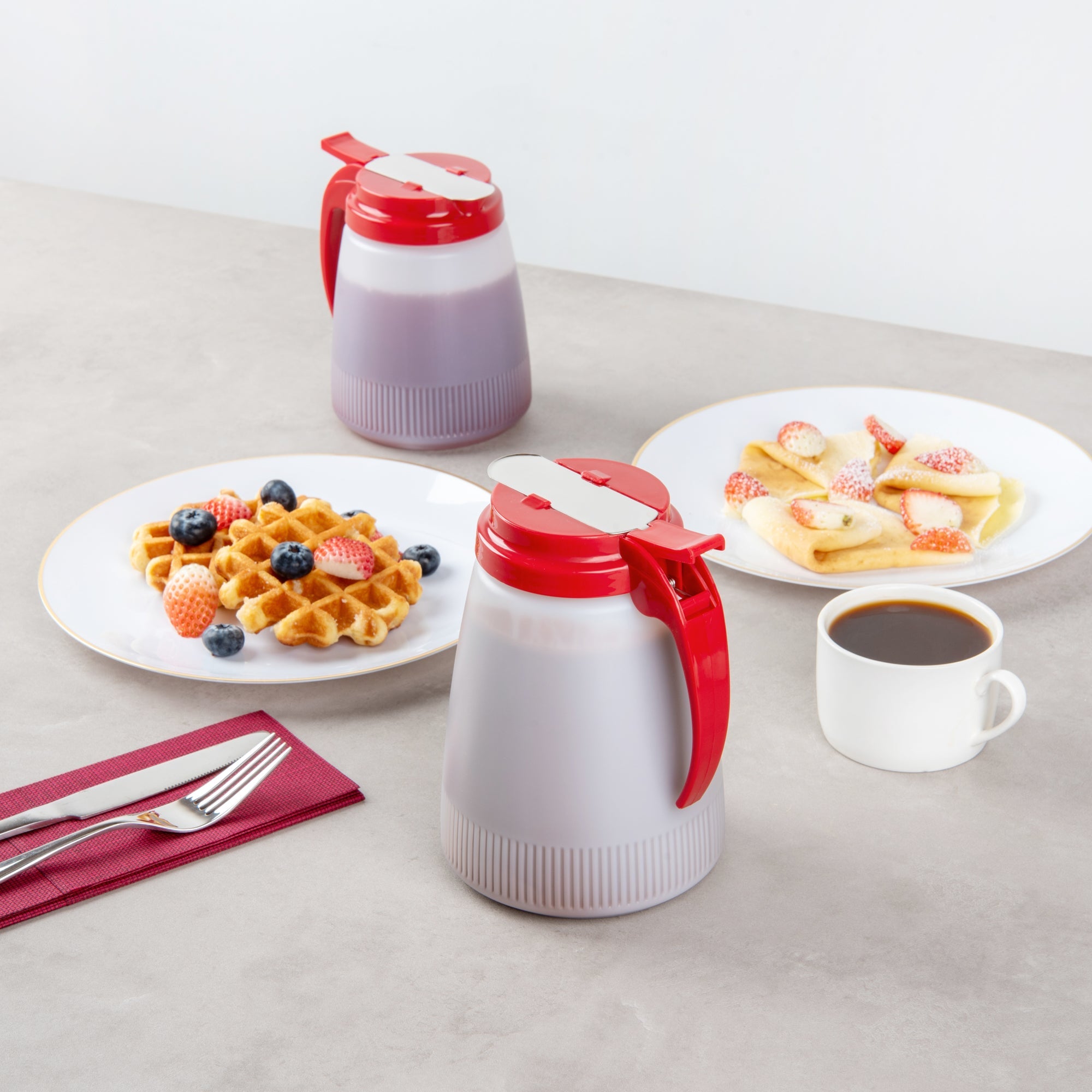 Chef 101 48 oz Red Plastic All Purpose / Syrup Dispenser - 5 3/4" x 5" x 6 3/4" - 1 count box