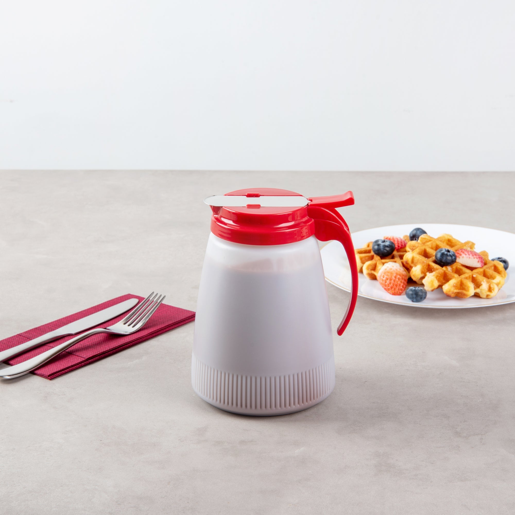 Chef 101 48 oz Red Plastic All Purpose / Syrup Dispenser - 5 3/4" x 5" x 6 3/4" - 10 count box