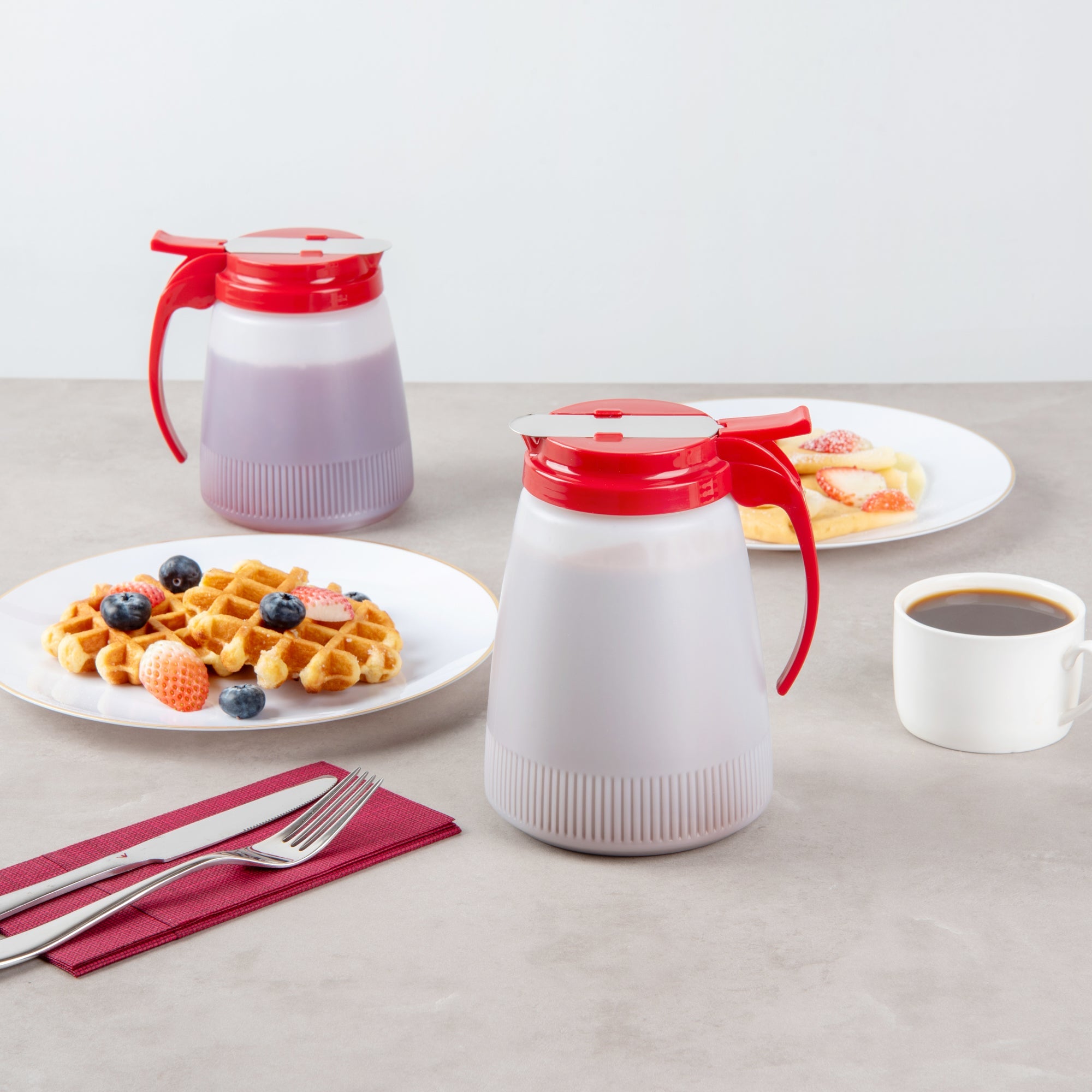 Chef 101 48 oz Red Plastic All Purpose / Syrup Dispenser - 5 3/4" x 5" x 6 3/4" - 10 count box