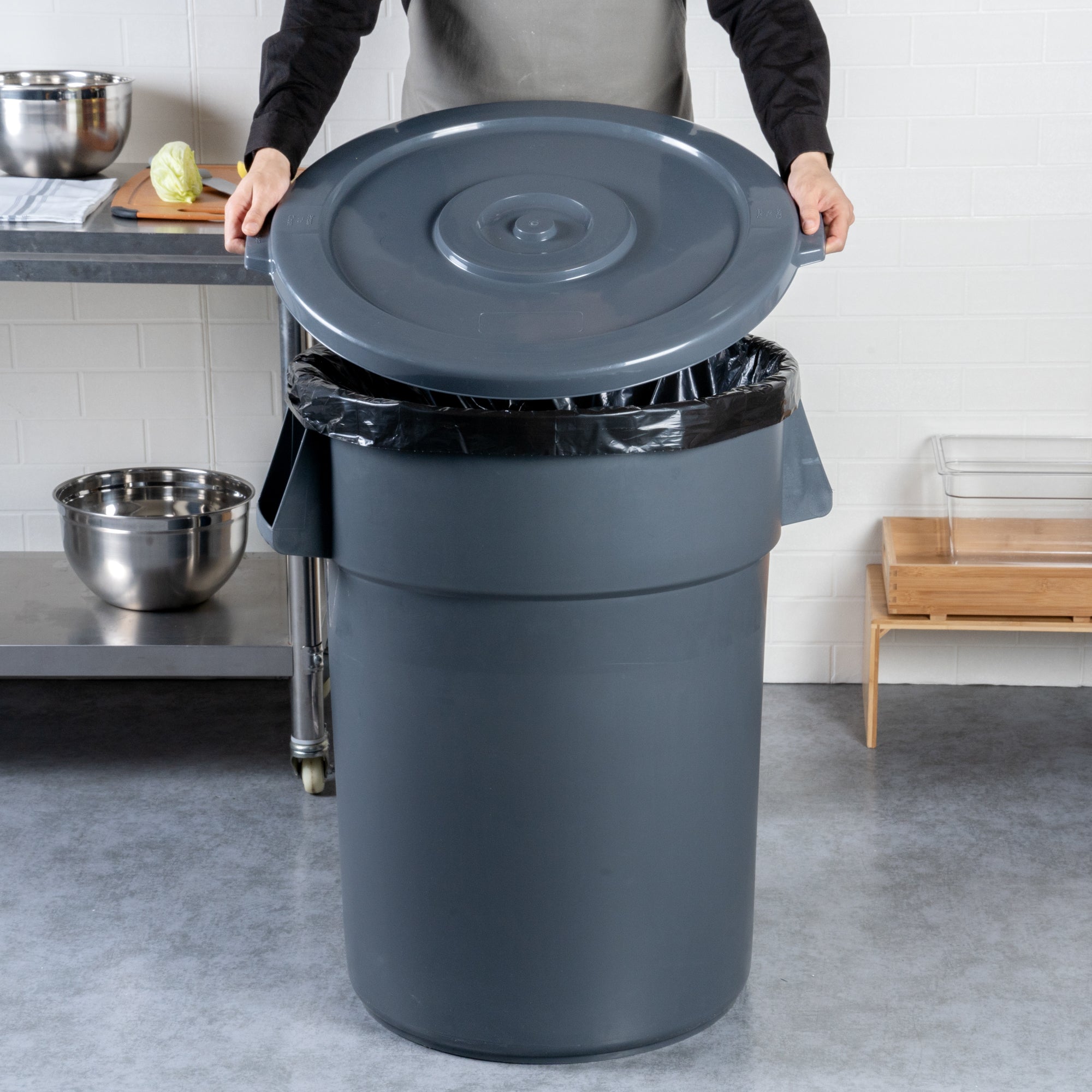 RW Clean Gray Plastic Commercial Trash Can / Ingredient Bin Lid - Fits 44 gal - 1 count box