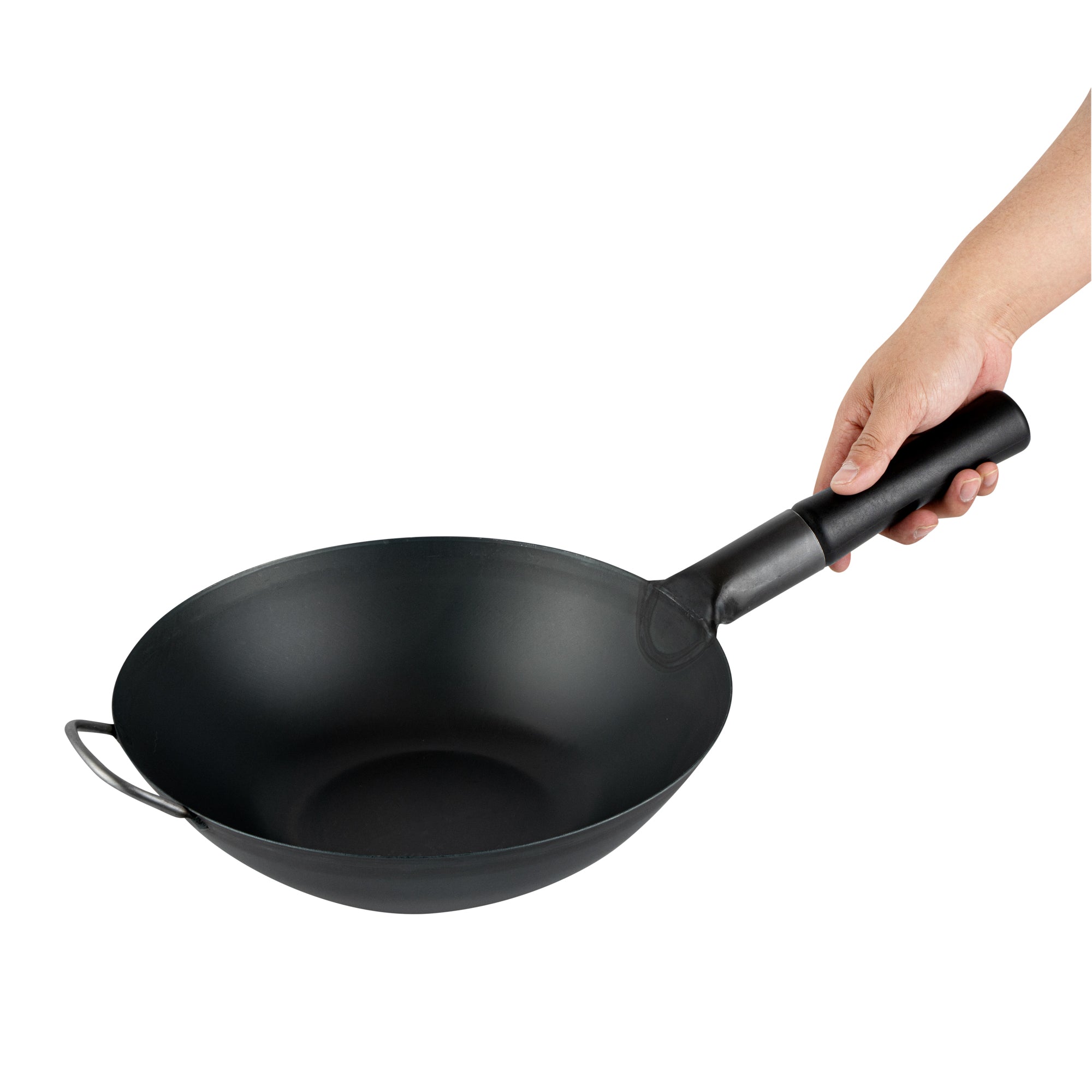 Motomori 12" Black Carbon Steel Flat Bottom Wok / Stir Fry Pan - Pre-seasoned, with Wooden Handle - 1 count box