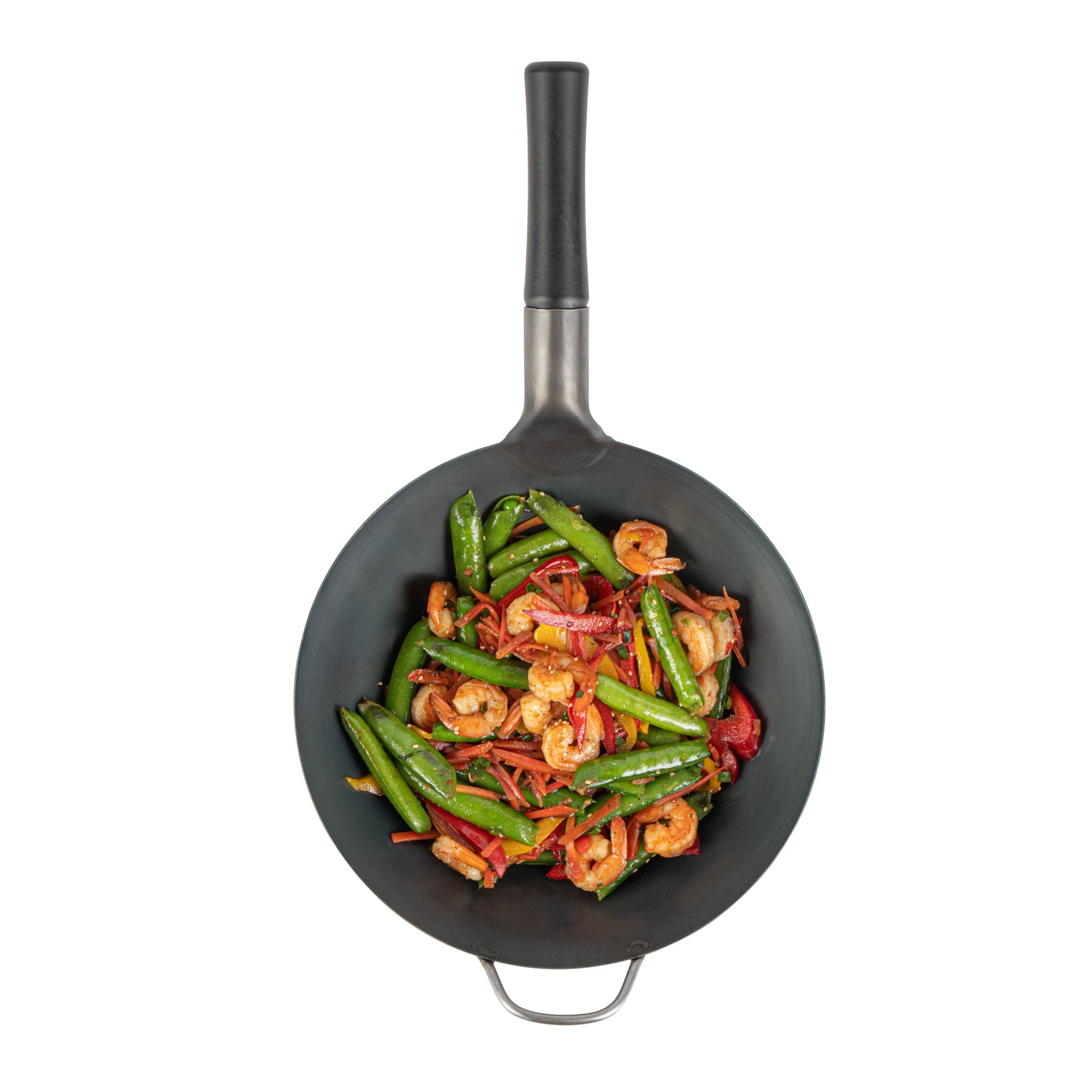 Motomori 12" Black Carbon Steel Flat Bottom Wok / Stir Fry Pan - Pre-seasoned, with Wooden Handle - 1 count box
