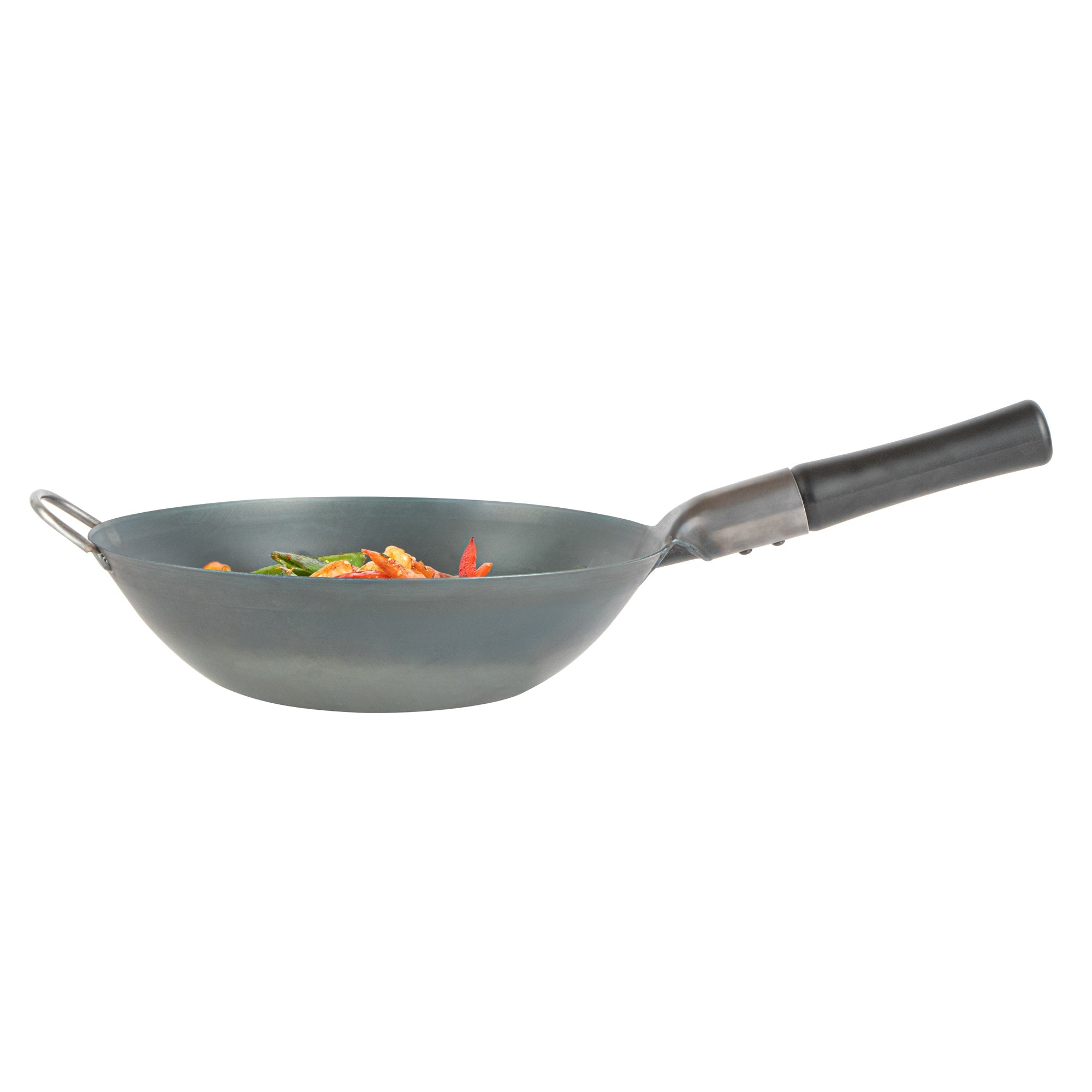 Motomori 12" Black Carbon Steel Flat Bottom Wok / Stir Fry Pan - Pre-seasoned, with Wooden Handle - 1 count box