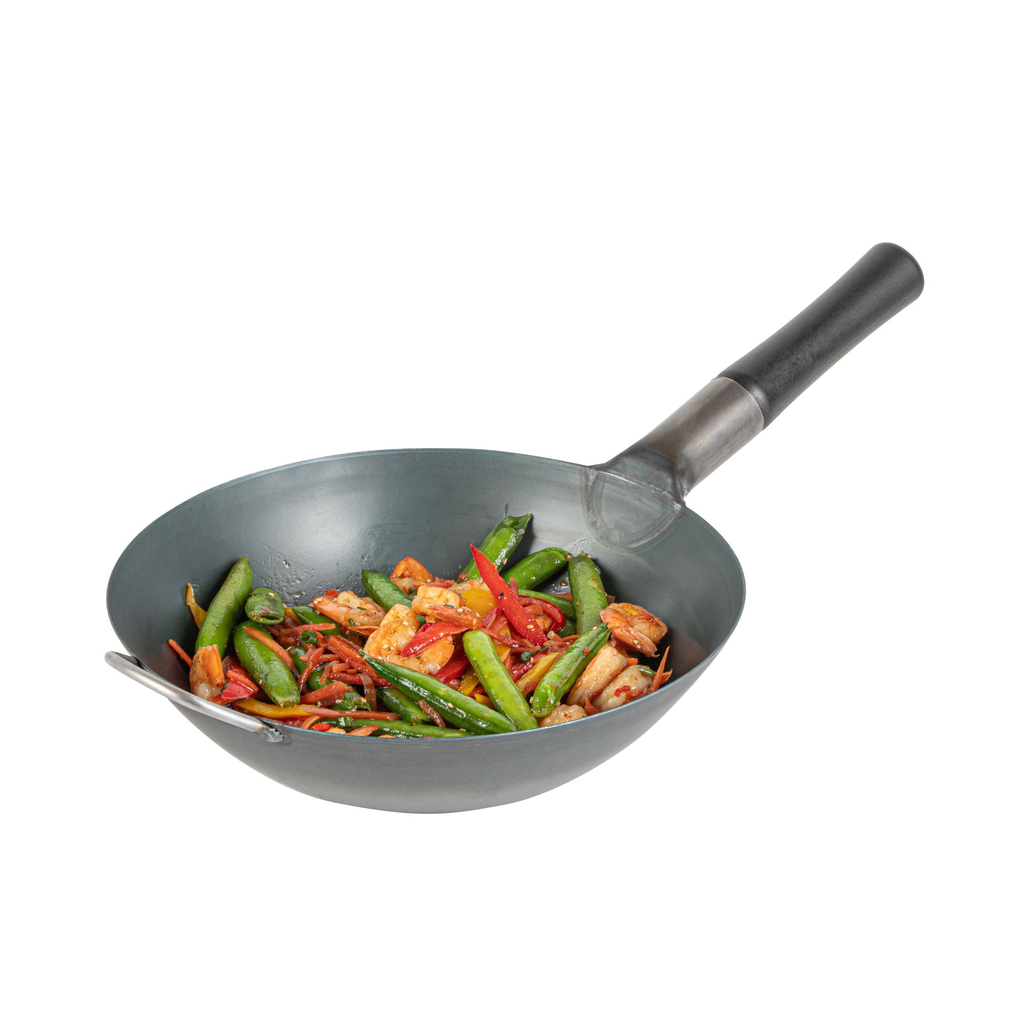 Motomori 12" Black Carbon Steel Flat Bottom Wok / Stir Fry Pan - Pre-seasoned, with Wooden Handle - 1 count box