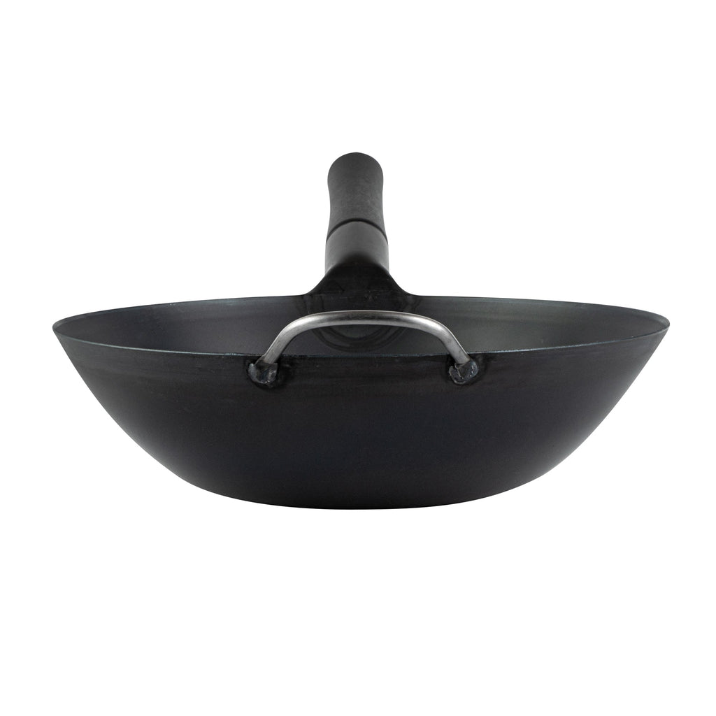 Motomori 12" Black Carbon Steel Flat Bottom Wok / Stir Fry Pan - Pre-seasoned, with Wooden Handle - 1 count box