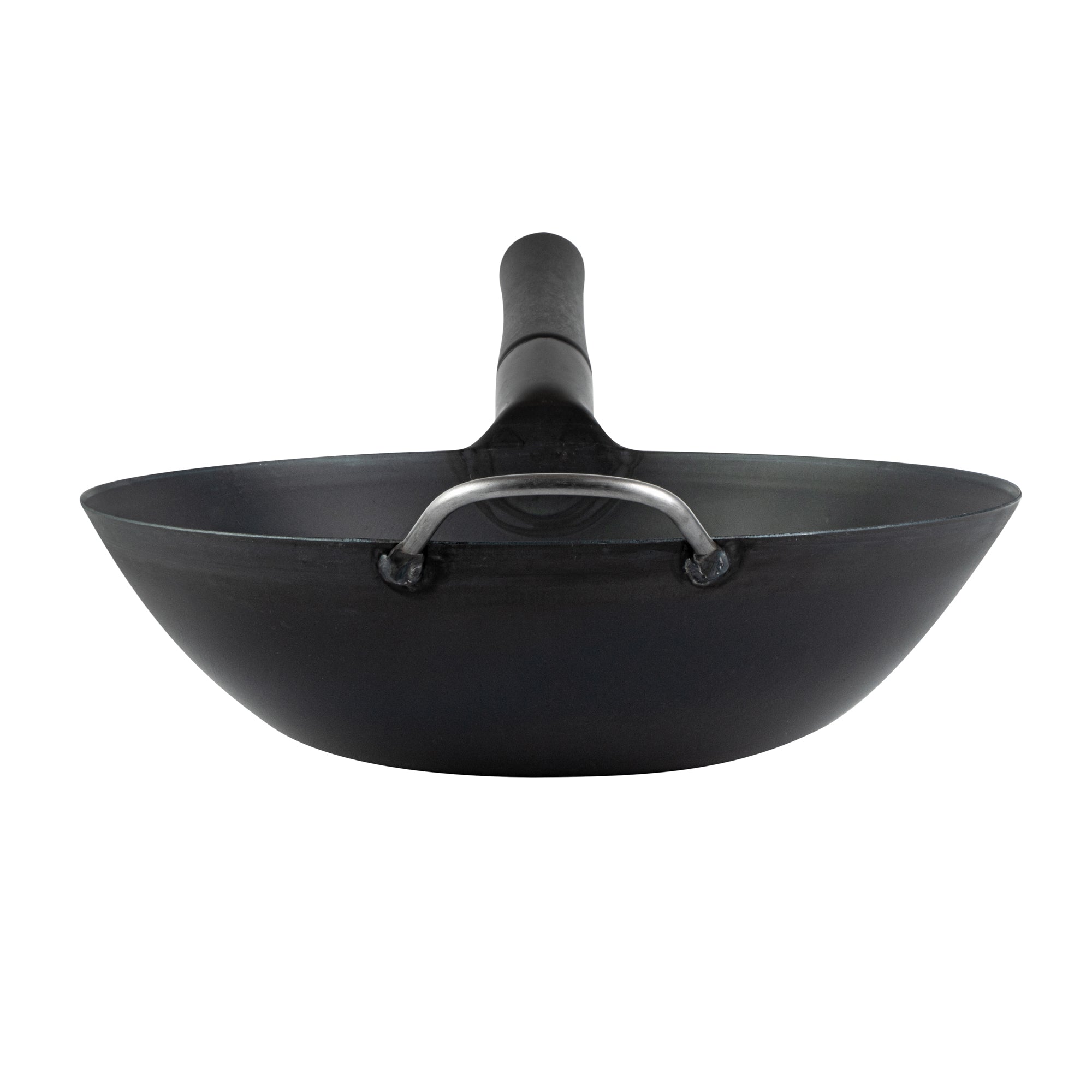 Motomori 12" Black Carbon Steel Flat Bottom Wok / Stir Fry Pan - Pre-seasoned, with Wooden Handle - 1 count box